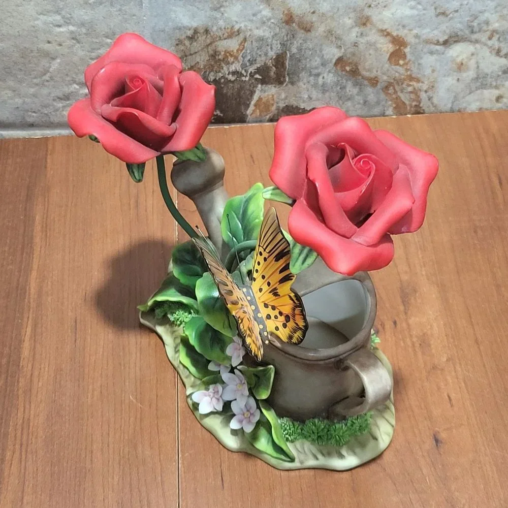 Butterfly and Roses Watering Can Planter Figurine Decor